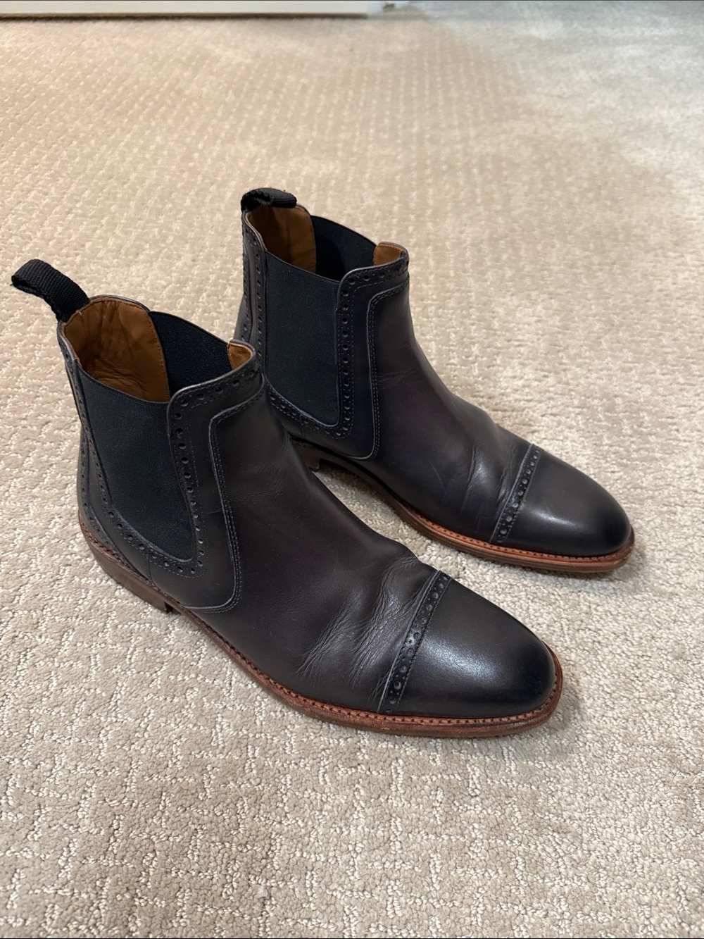 Taft Black Leather Chelsea Cap-Toe Boots with Brown Welt